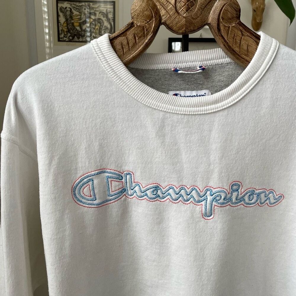Champion Embroidered Logo Crewneck Pullover sweatshirt White L